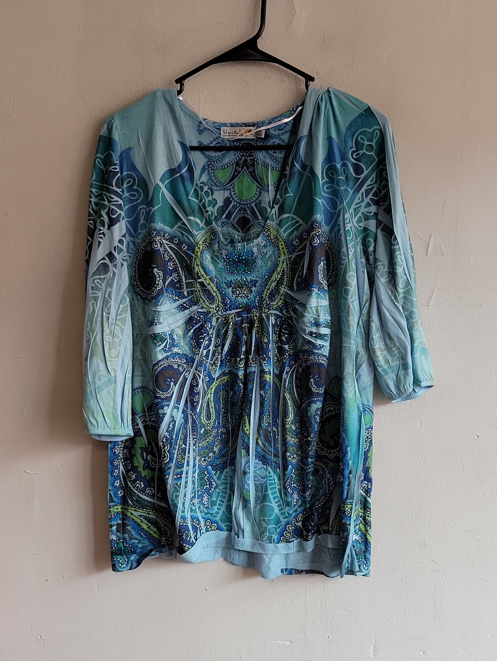 Women's 1X XL Unity blue/green paisley v-neck sublimated shirt empire waist